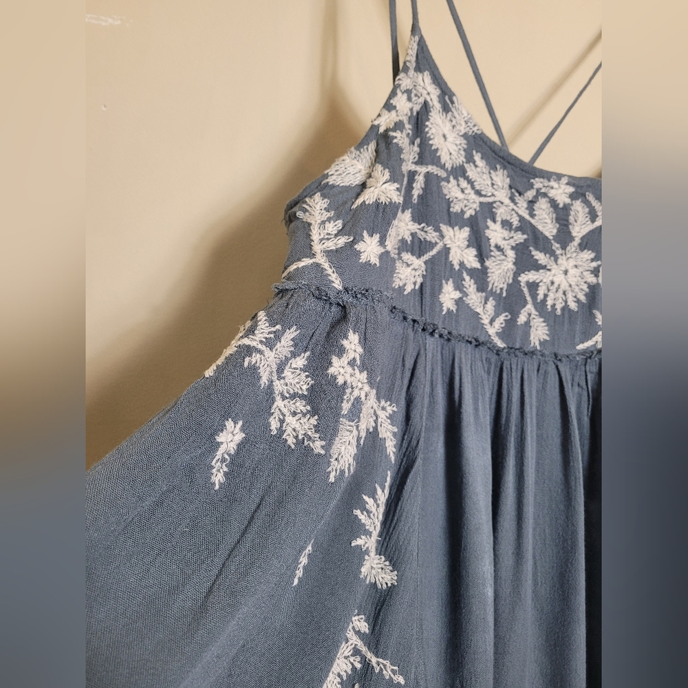Free People Intimately Blue Dress with White Floral Embroidery Large - Picture 2 of 10